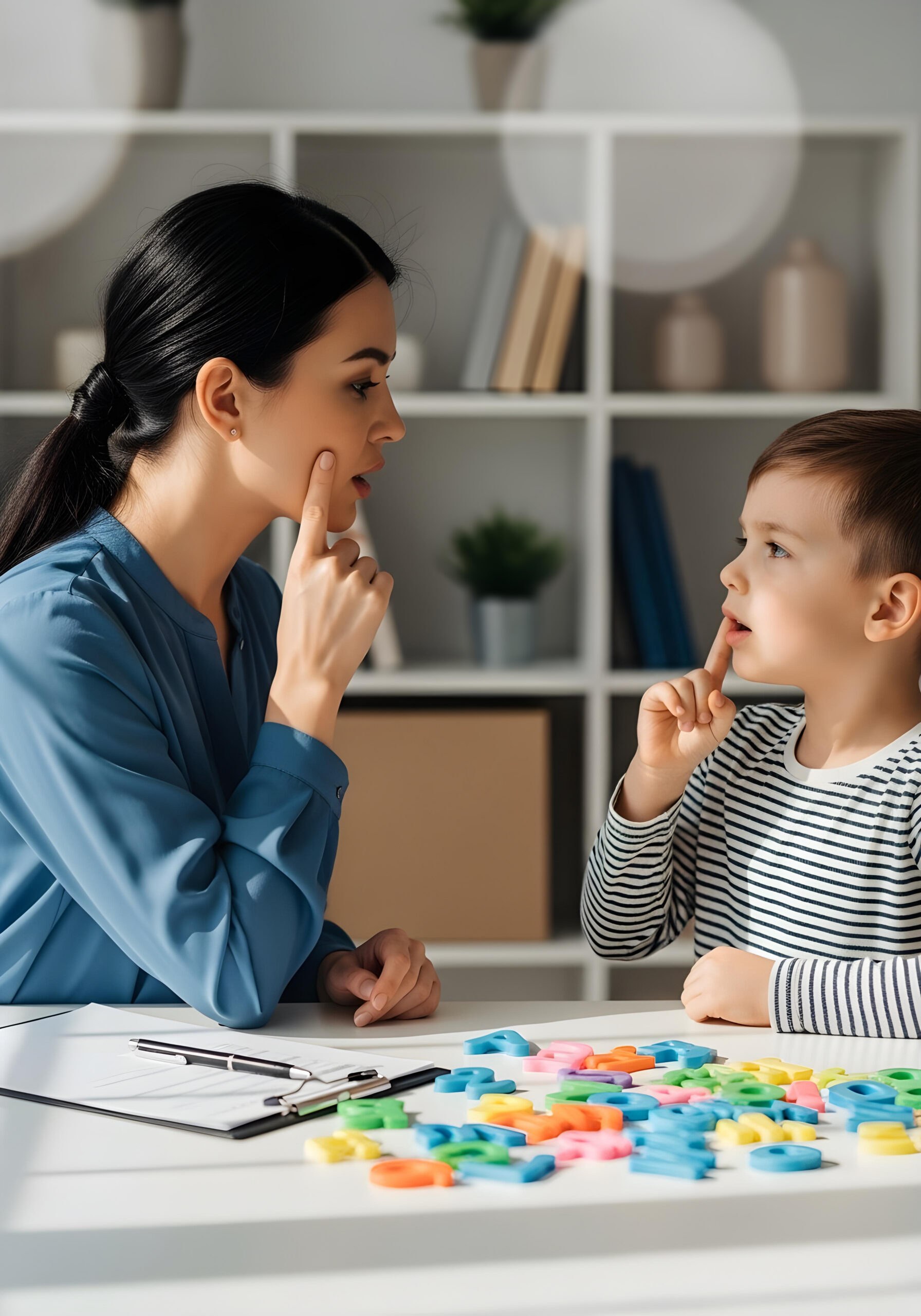 autistic child boy in speech therapy imitating therapist mouth position to improve pronunciation articulation and autism spectrum inclusion awareness