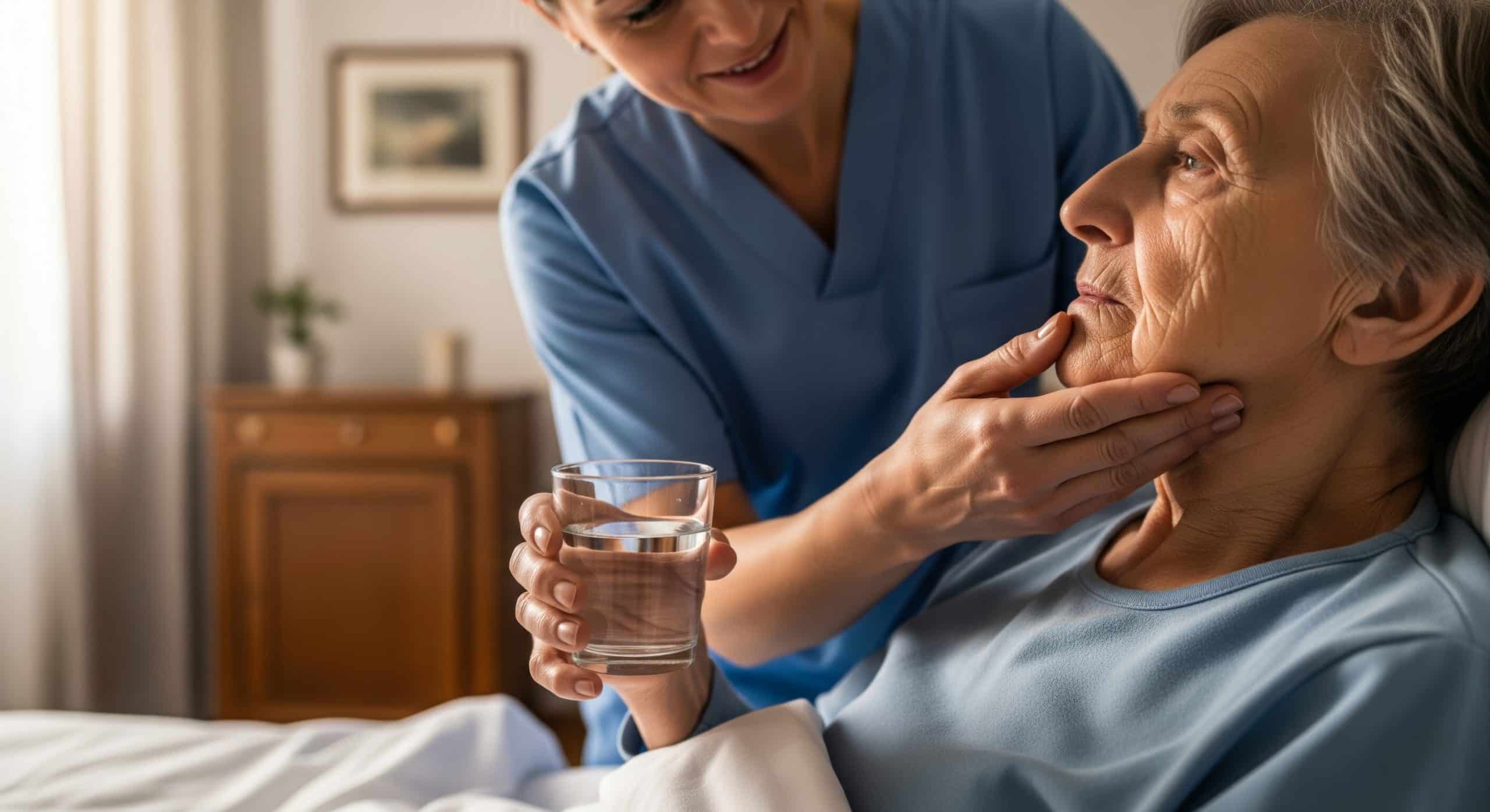 Speech therapist supporting an older adult with safer swallowing