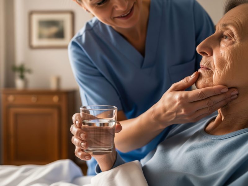 nurse assisting elderly woman with chin tuck swallowing technique in bed